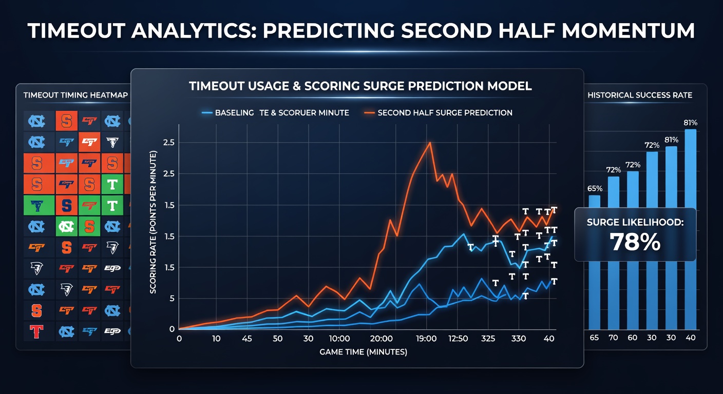 Chart showing timeout distribution and second half scoring trends across multiple NCAA seasons
