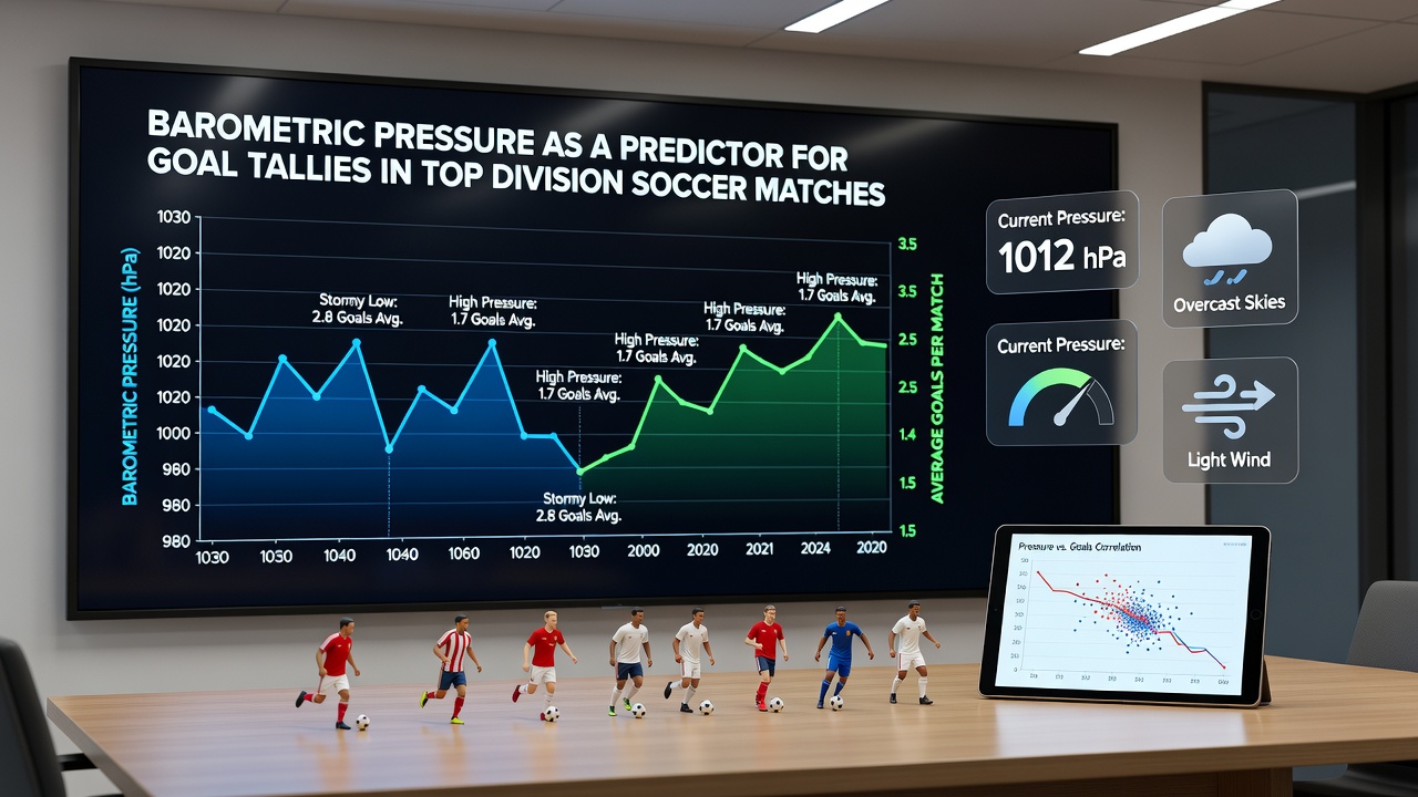 Graph displaying barometric pressure trends overlaid with goal scoring statistics from multiple top division soccer seasons