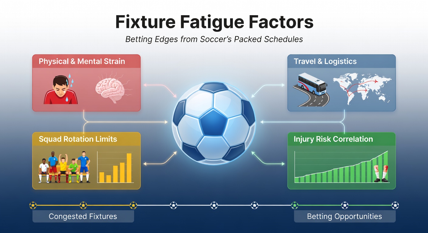 Exhausted soccer players collapsing on the pitch after a grueling midweek fixture, highlighting the toll of congested schedules