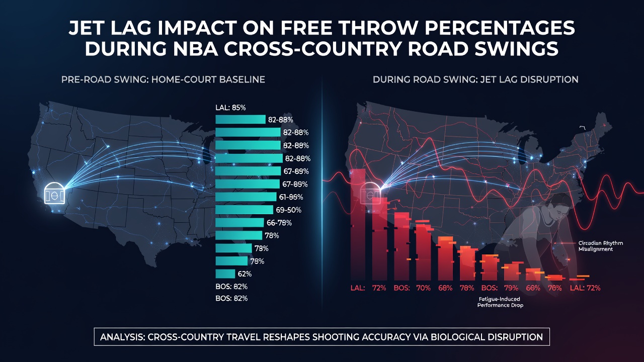 Statistical charts showing free throw percentage variations after long-distance NBA flights