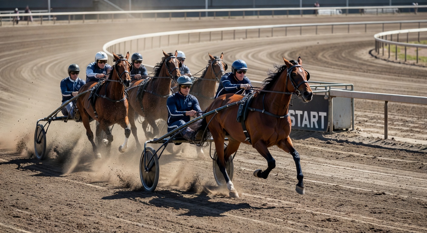 Horses breaking from the starting gate on a dirt racetrack with loose surface conditions visible