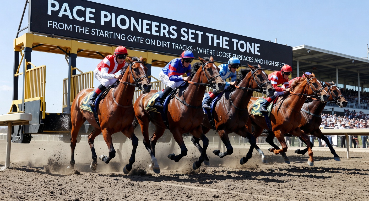 Close-up view of horses racing on a dirt track showing dust and loose surface conditions during a competitive stretch run
