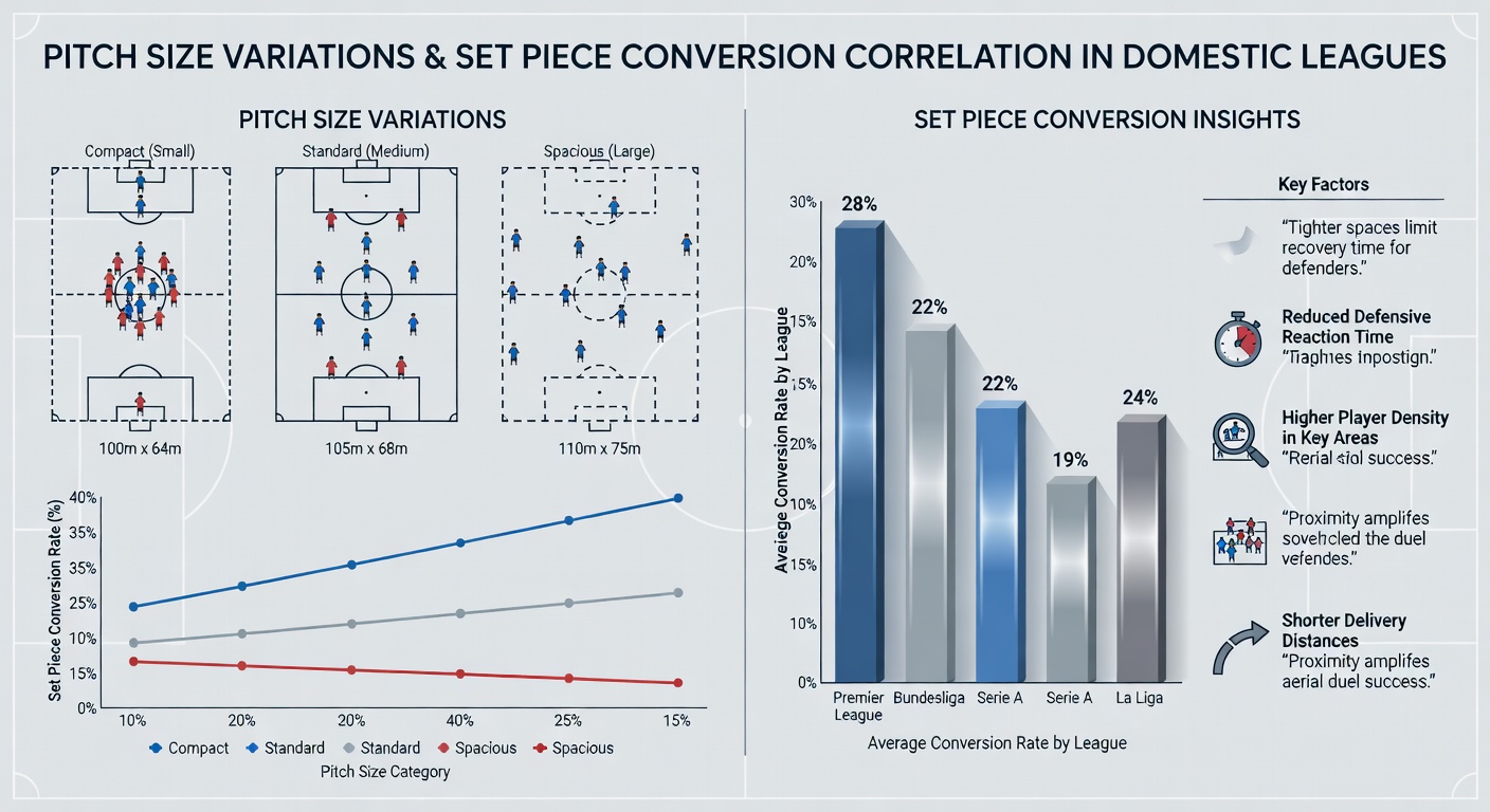 Set piece conversion statistics chart comparing different pitch sizes in domestic leagues