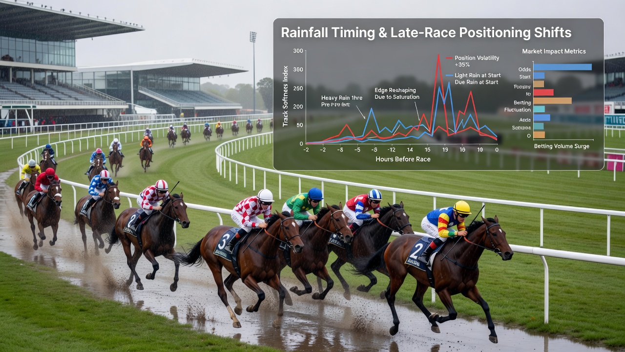 Jockeys navigating a rain-affected European turf straight with changing ground conditions visible