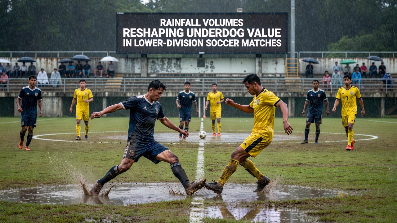 Lower league players navigating a wet pitch