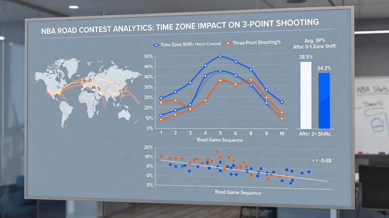 Detailed chart comparing three-point percentages before and after time zone crossings in NBA road games