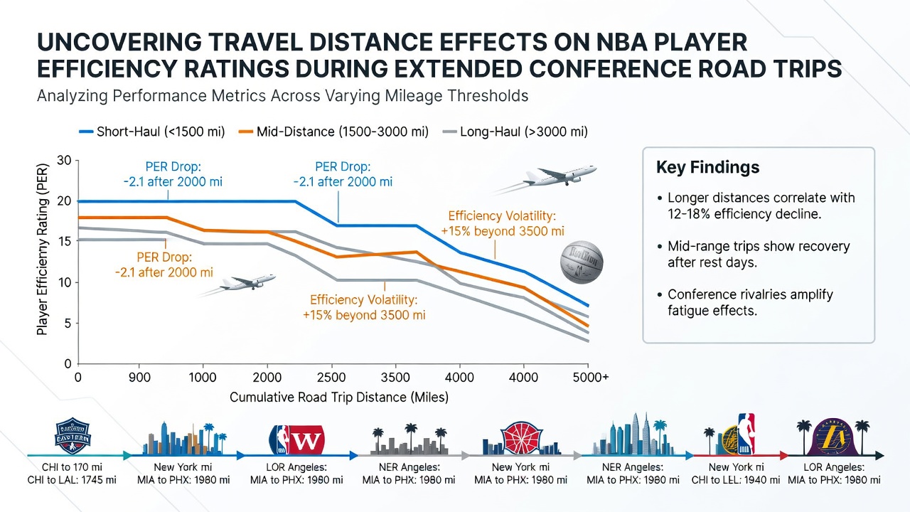 Analytical chart displaying PER trends across increasing travel distances during NBA conference road trips