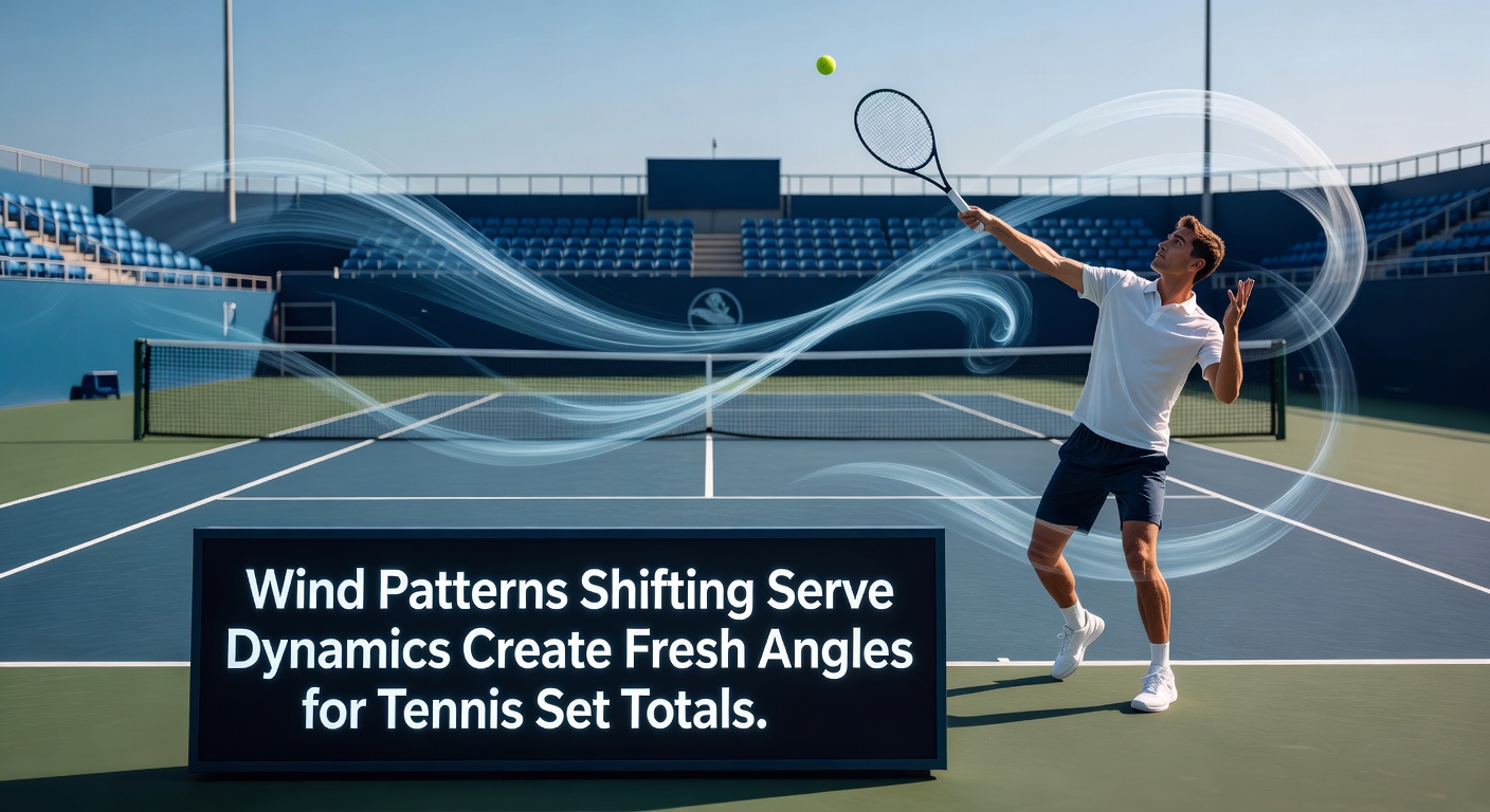 Tennis players adjusting serves under changing wind conditions on an outdoor court during a professional match